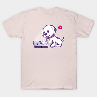 Cute Dalmatian Dog Playing Laptop Cartoon T-Shirt